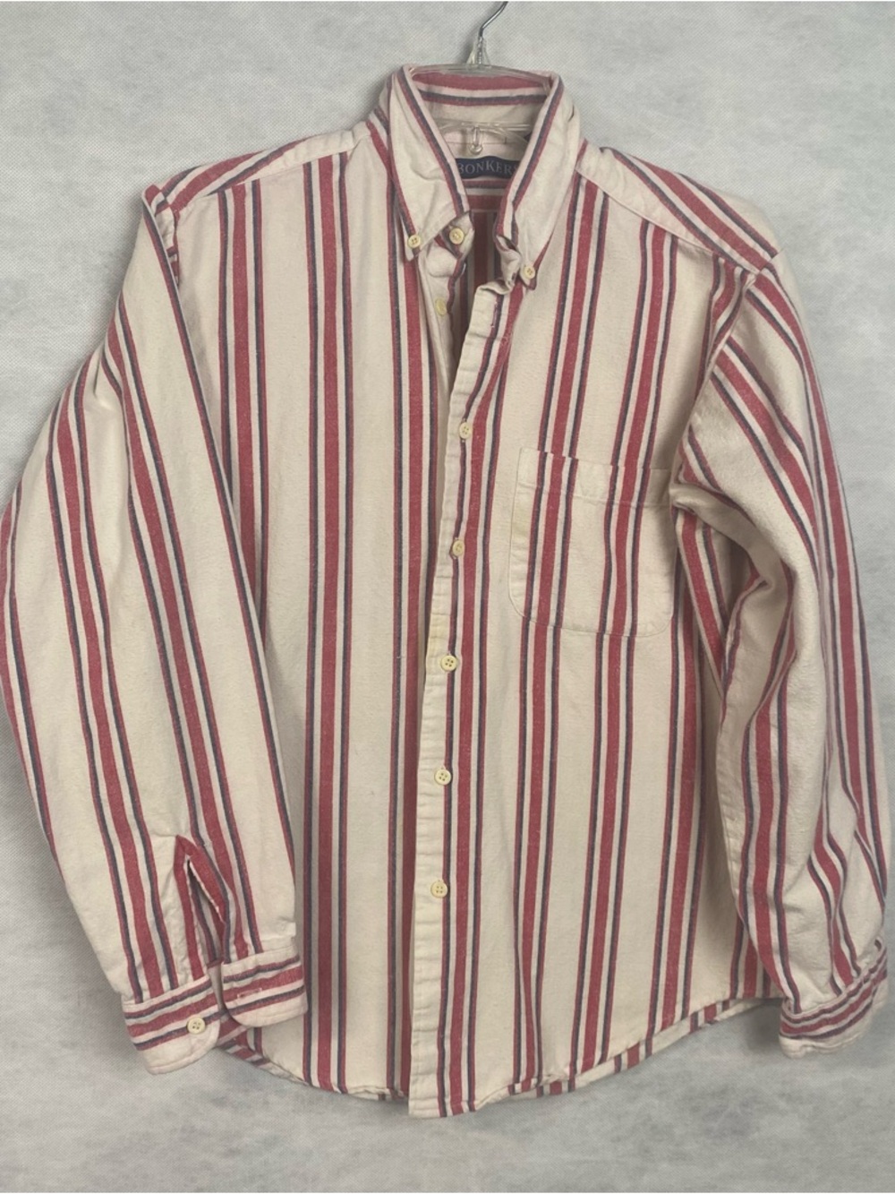 Vintage Bonkers Shirt Men’s Medium Button Up Faded Red White Blue Stains 90s